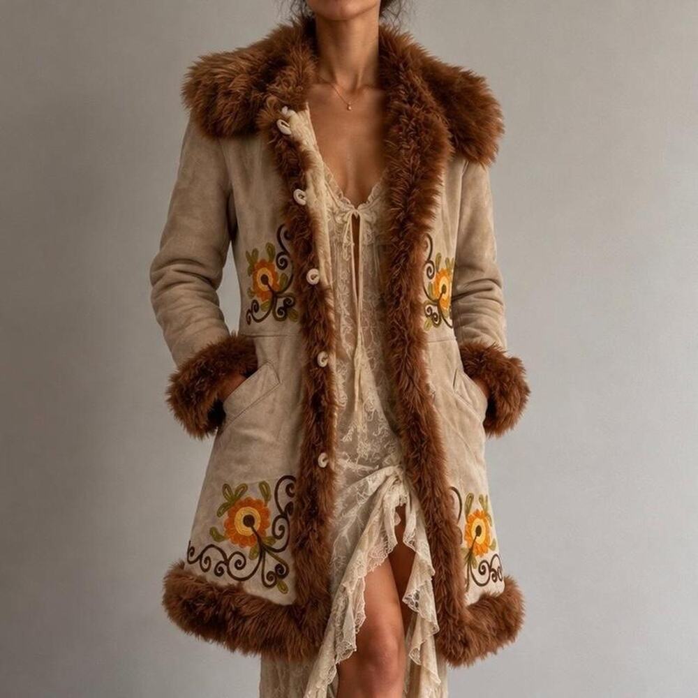 VTG 70s Embroidered Genuine Sheepskin Shearling Fur Penny Lane Afghan Coat Sz S